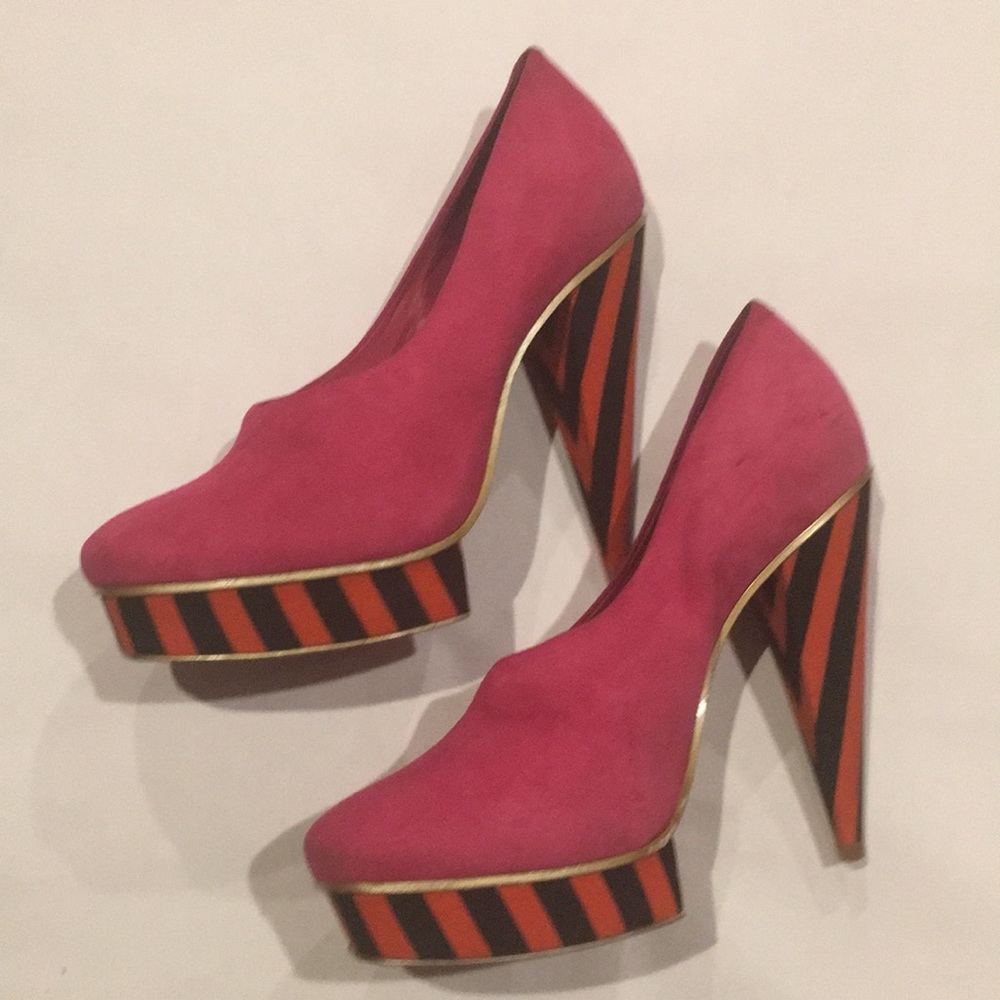 ASOS Pink Suede Shoes with Black and Orange Heels